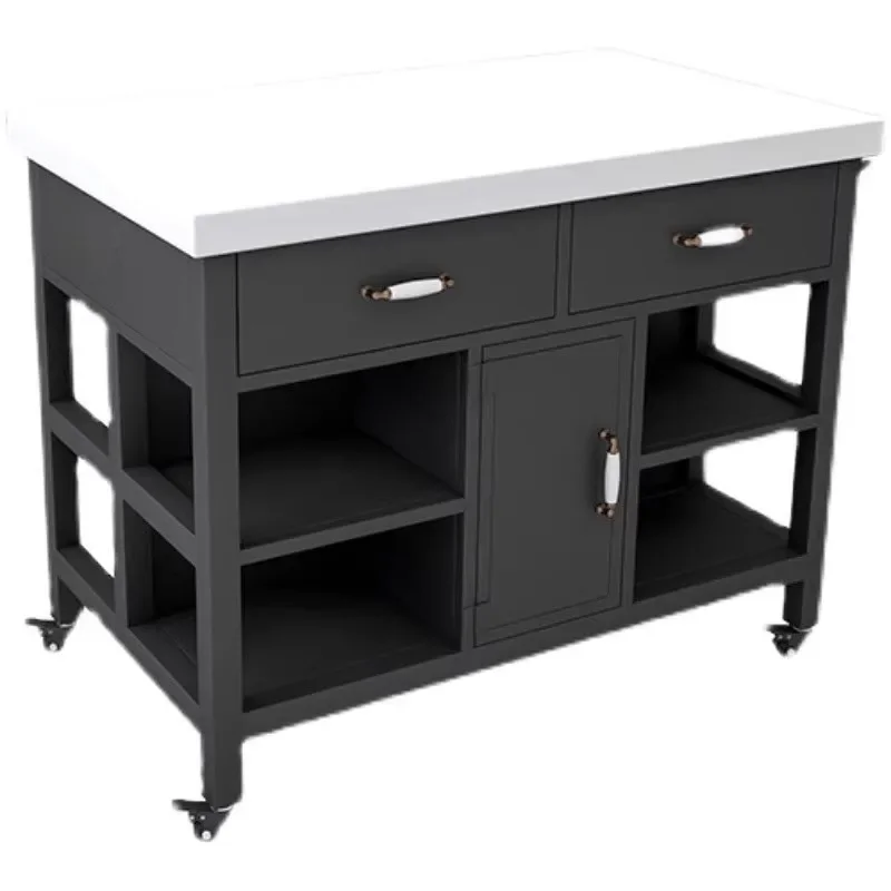 Open marble kitchen island table material table removable side cabinet wrought iron light luxury dining storage tabl