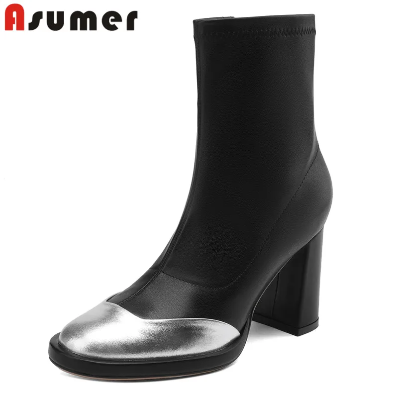 

ASUMER 2024 New Sheepskin Leather Round Toe Ankle Boots Square High Heels Spring Boots Office Ladies Zipper Mixed Colors Boots