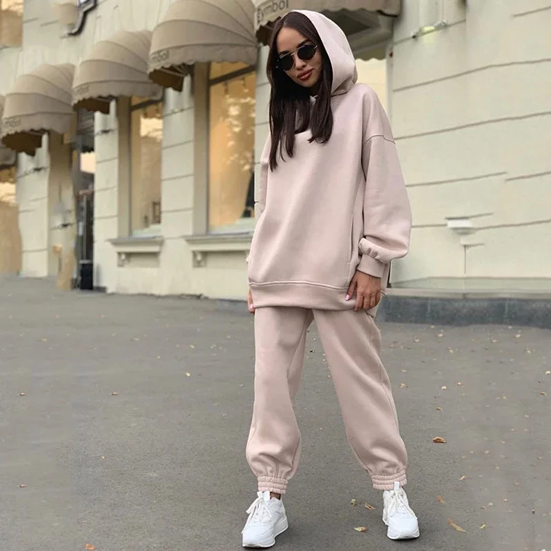 Casual Sportswear Suit Women Solid Color Warm Hoodies Loose Pants Sets Fall Winter Sports Pullovers Trousers 2 Piece Set 2023