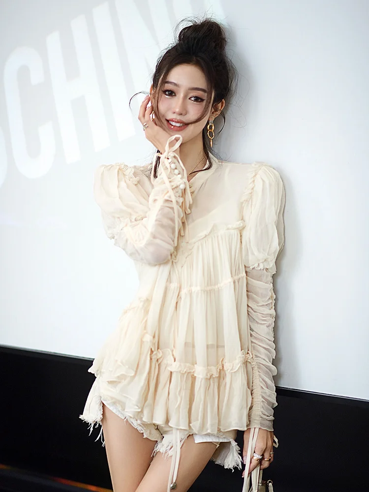 

Women Apricot Ruffles Irregular Long Chiffon Blouse New Round Collar Long Sleeve Hollow Out Loose Fit Shirt Fashion Summer 2023