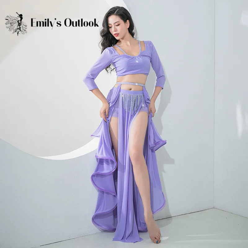 

2024 Women Bellydance Costume Set 2 Piece Belly Dance Practice Performance Show Wear Competition Outfit Long Sleeve Top Skirt