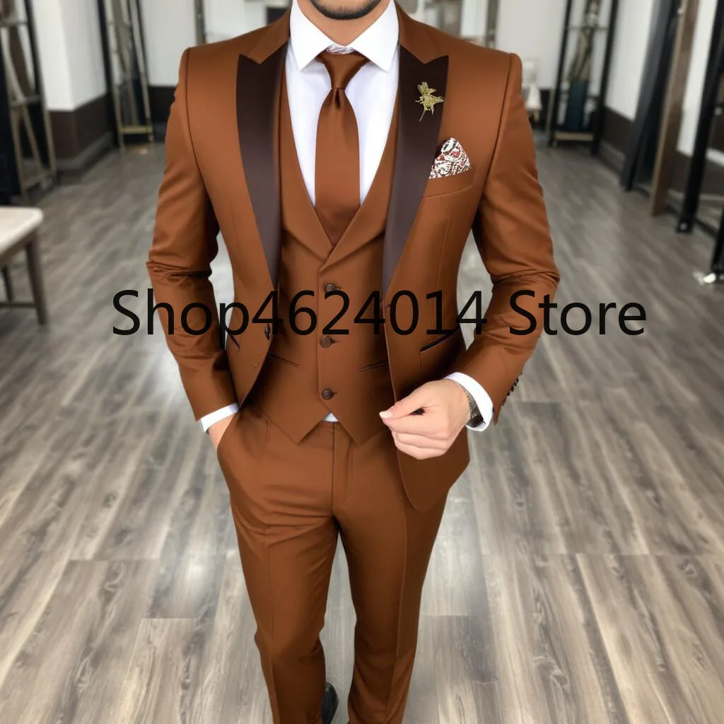 Men's Brown 3 Piece Suit Slim fit One Button Wedding Tuxedo Jacket 3pc Suit