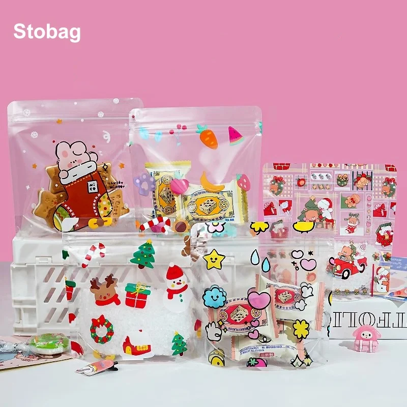 StoBag 10/100pcs 크리스마스 투명 캔디 식품 포장 가방 지퍼 어린이 키즈 선물 플라스틱 봉인 된 쿠키 보관 주머니
