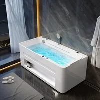 59'' Modern Acrylic Alcove Whirlpool Bathtub, Rectangular Water Massage Bathtub LED Soaking Tub with Bathtub Filler Faucet 1