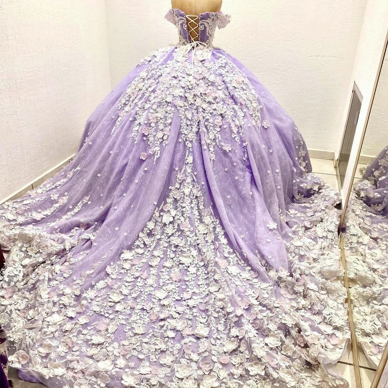 2024 Lavendel Quinceanera Jurk Baljurk 3d Bloemen Appliqueert Kant Zoet 16 Prinses Dresses Vestidos De 15 Años Veterschoenen