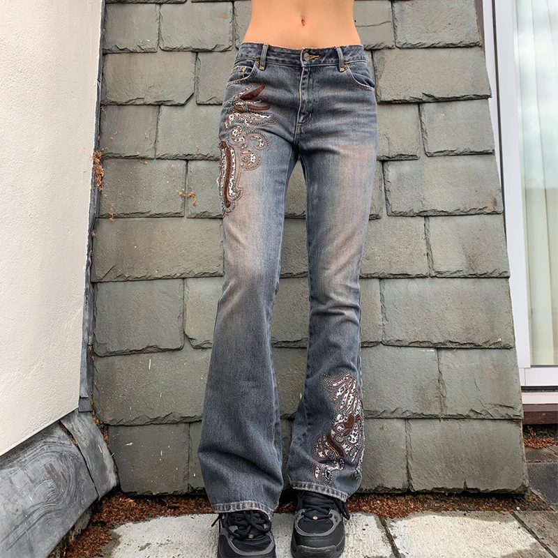 

Summer Autumn Girls Long Jeans Ladies Leisure Style Geometric Pattern Mid Waist Bell-bottom Women's Trousers Slim Denim Pants