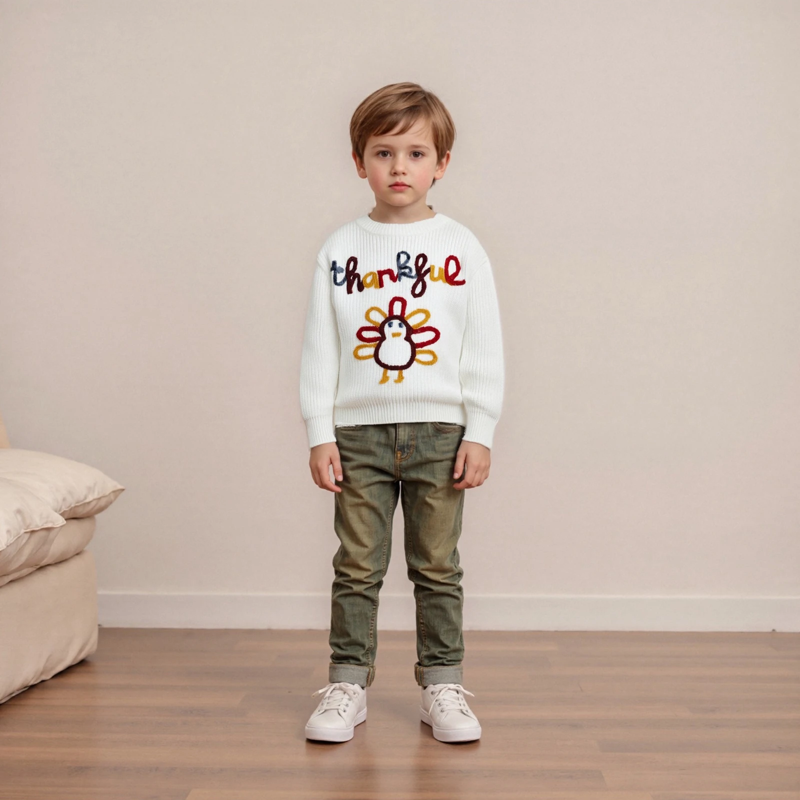소년 소녀 추수 감사절 스웨터 편지 터키 수 놓은 크루 넥 긴 소매 풀오버 Chunky Knit Tops