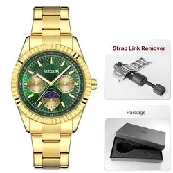 Elegant Men's Fashion Quartz Watch with Luminous Display, Day - Date, 24 - Hour Moon Phase, and Stainless Steel Band (Green - Box)