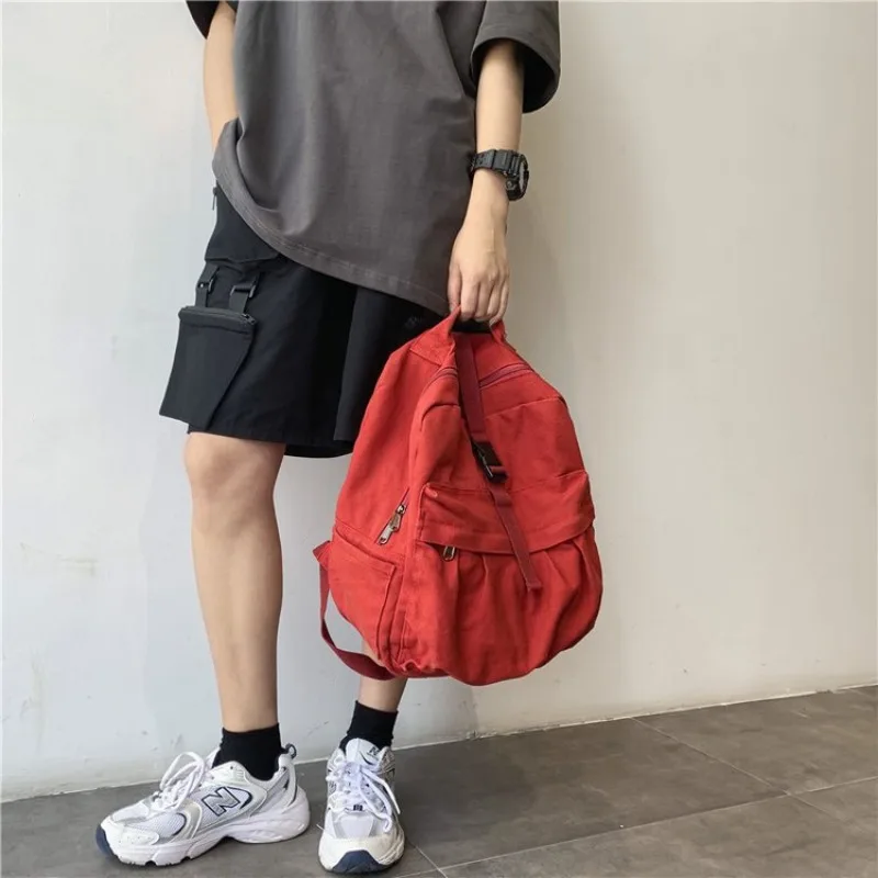 Backpack Canvas Cotton Unisex Solid Softback Zipper Casual High-Capacity Backpack Vintage Bookbag Travel Backpack