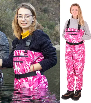 HANITE Women Quick-Drain Waterproof and Breathable Chest Wader with 4mm Neoprene Stocking Foot for Fishing and Hunting PinkCamo 1