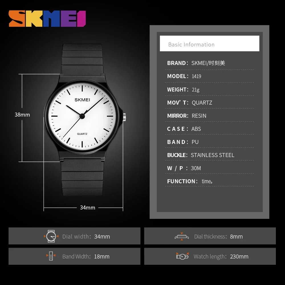 SKMEI-Montres à quartz étanches pour hommes et femmes, Design simple, Personnalité, Adolescents, 3 bars, 1419, 1419