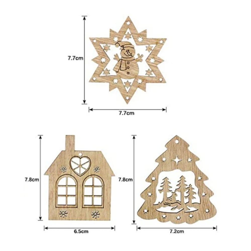 10pcs DIY Natural Christmas Craft Decoration House Snowflakes Tree Shape Wooden Chip Hanging Ornaments Christmas Navidad Decor