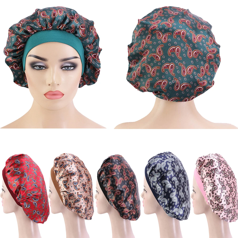 

New Satin Print Night Sleep Cap Women Stretch Wide Band Bonnet Hat Hair Care Headscarf Turban Sleeping Chemo Caps Headwear Hats