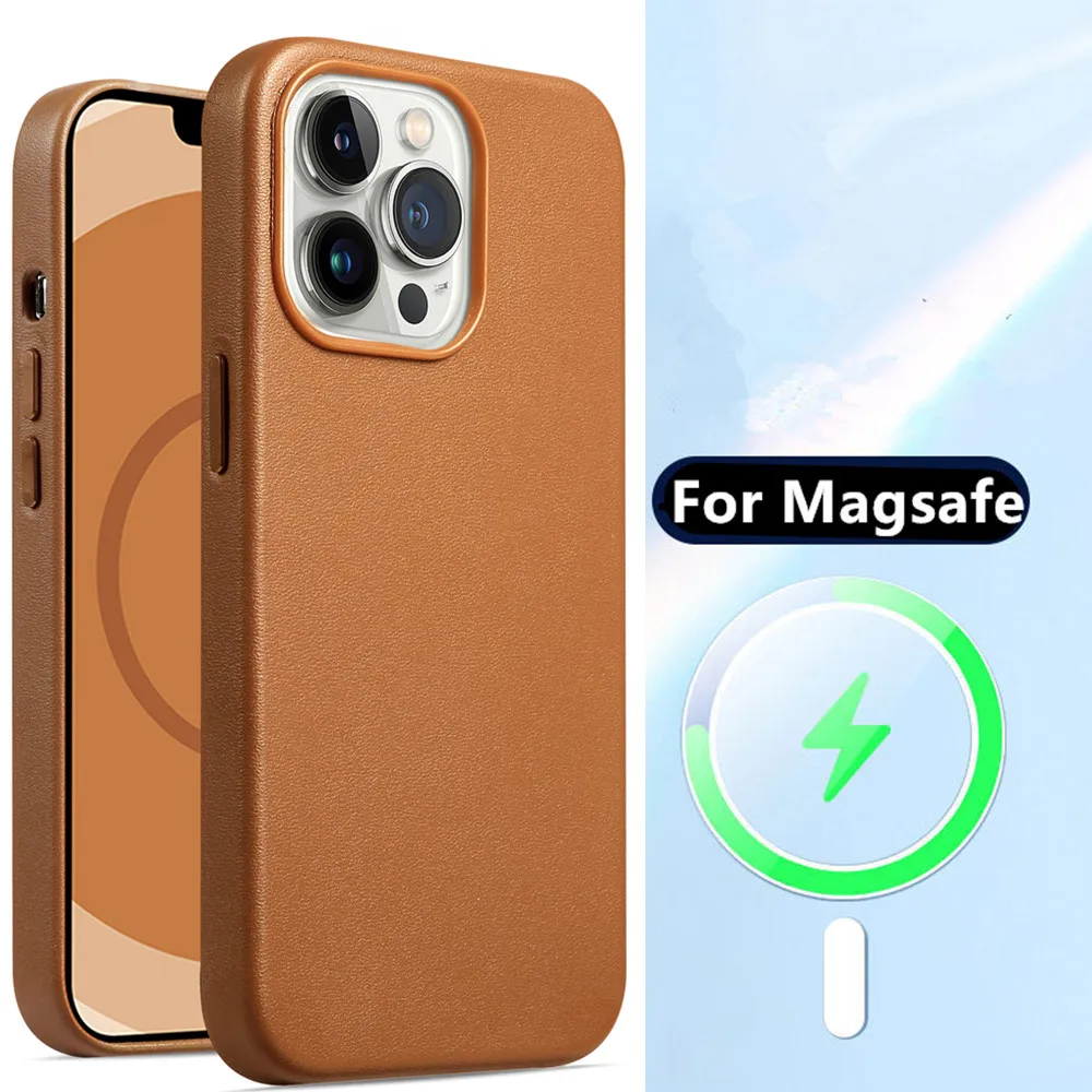 

Роскошный кожаный чехол для телефона Magsafe для iPhone 14 Pro Max 13 12 Металлическая Кнопка Магнитная Беспроводная зарядка Броня полное покрытие