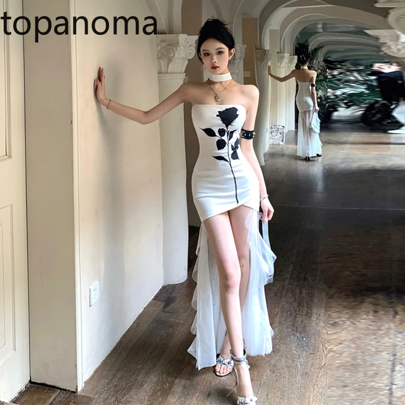 

Вечерние платья Topanoma для женщин, винтажное Сетчатое лоскутное платье с цветочным принтом розы без бретелек, сексуальное Элегантное коктейльное платье, Клубная одежда, подарок