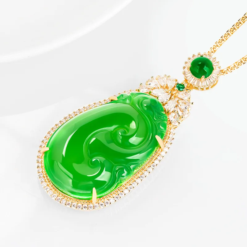 Authentic Natural Green Agate Ruyi Copper Plated Gold Inlaid Pendant For Women's Gifts Charms Fashion Jewelry Drop Shipping