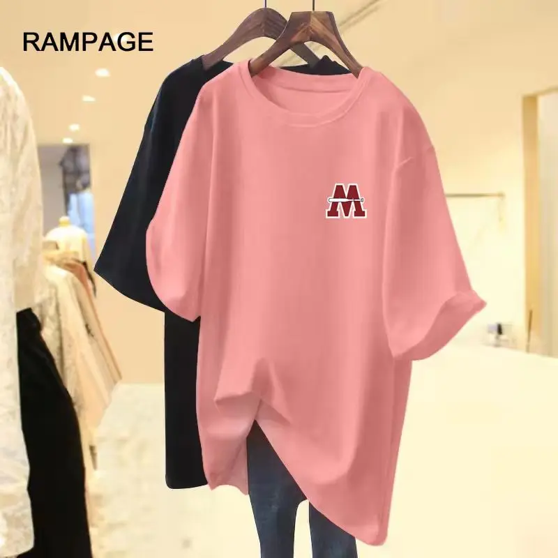 

Summer M-letter Printed Crew Neck Short Sleeve Basics Pullover Lady Pure Cotton M-6XL Tee Shirt Women Clothing Loose Basics Tops