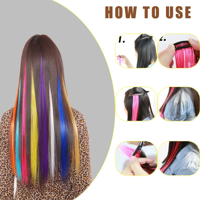 Colorful Clip on Hair Extensions -2 high Gloss Straight Synthetic Clip on Wigs, Suitable for Girls and Children's Role-Playing