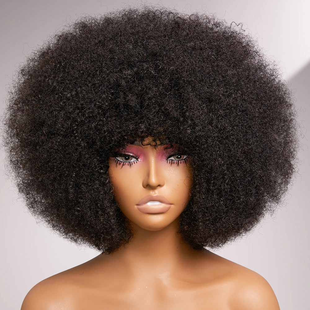 Fluffy Afro Kinky Curly Human Hair Wig With Thick Bang 70s Natural Short Bob Wigs For Black