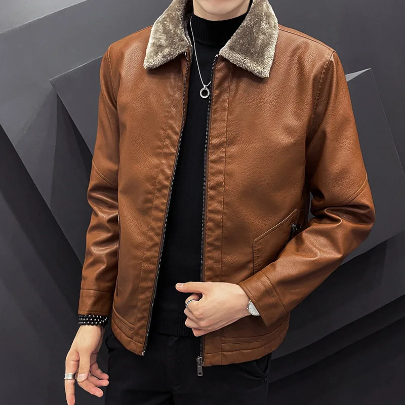 

2023 Men's Autumn and Winter New Fur Collar Leather Jacket Fleece Warm Fashion Trendy Handsome Casual PU Leather Jacket