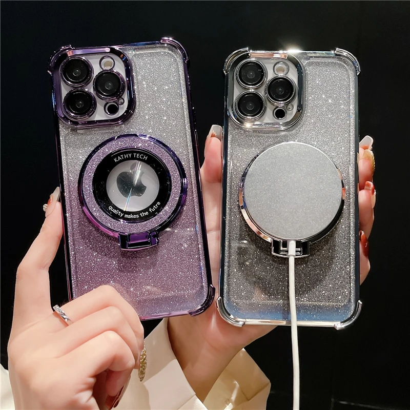Luxury Magsafe Magnetic Flash Plating Phone Case with Stand and Lens Protection