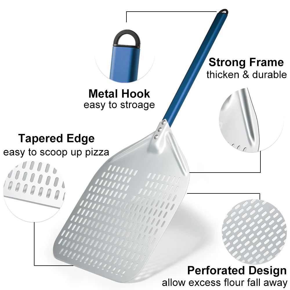 14/13/12 inch Anodized Pizza Peel Perforated Pizza Shovel Retangular Paddle Multiple Color Handle Peel Onilini