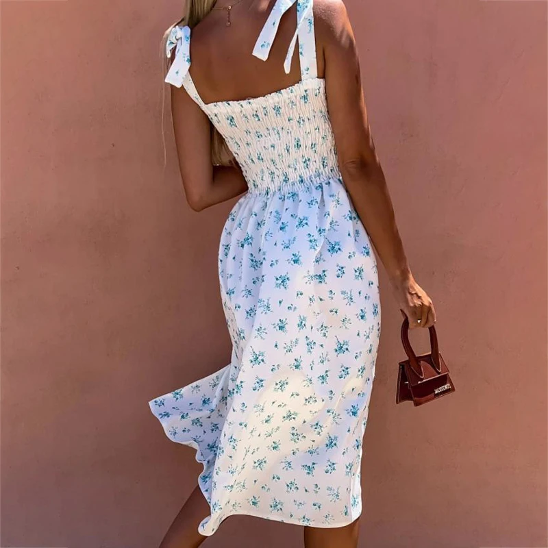 

S-2XL Summer Sexy Floral Print Dress Women Sleeveless Sling Spaghetti Strap Dress Boho Slash Neck Slit Beach V Neck Party Dress