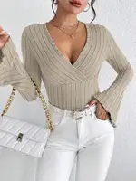 Women's Fall and Winter Long-sleeved Tops, V-neck Sexy Slim Striped Women's Tops, Long-sleeved T-shirt Knitted Bottoming Shirt - Image 5