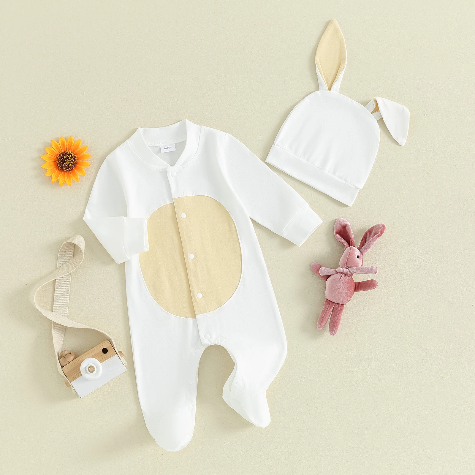 Pudcoco Newborn Baby Girl Boy 2Pcs Easter Outfits Long Sleeve Snap Up Footed Jumpsuit with Hat Set Infant Clothes 0-18M