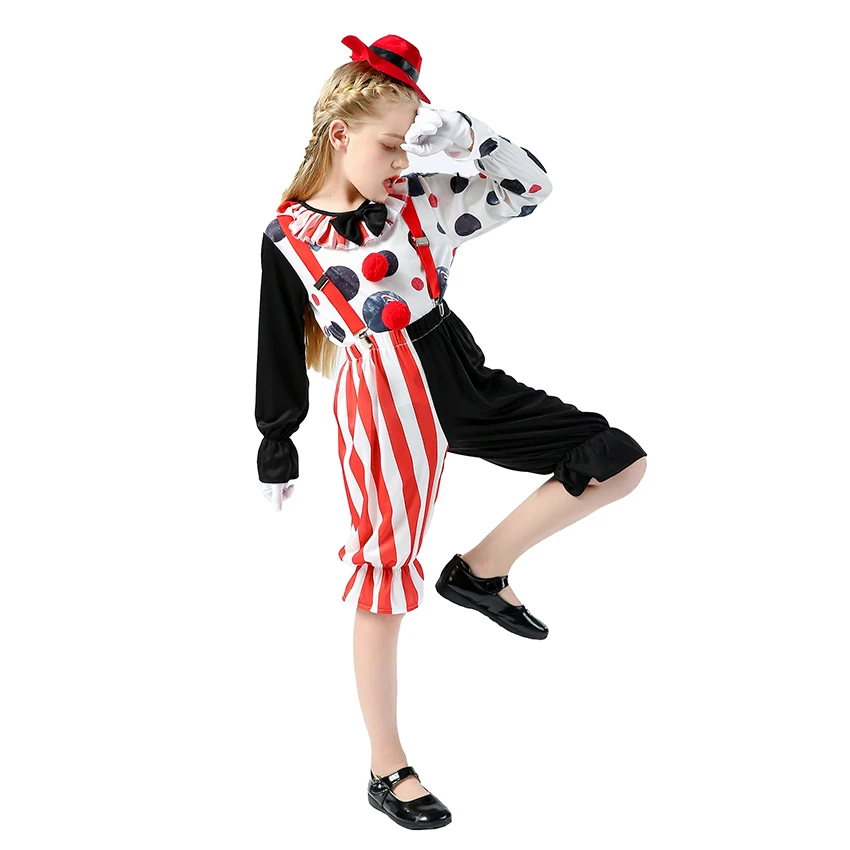 

Clown Girl Dress Witch Suits Cosplay Halloween Costume for Kids Festival Carnival Funny Clown Rompers Hat Cute Headgear Party