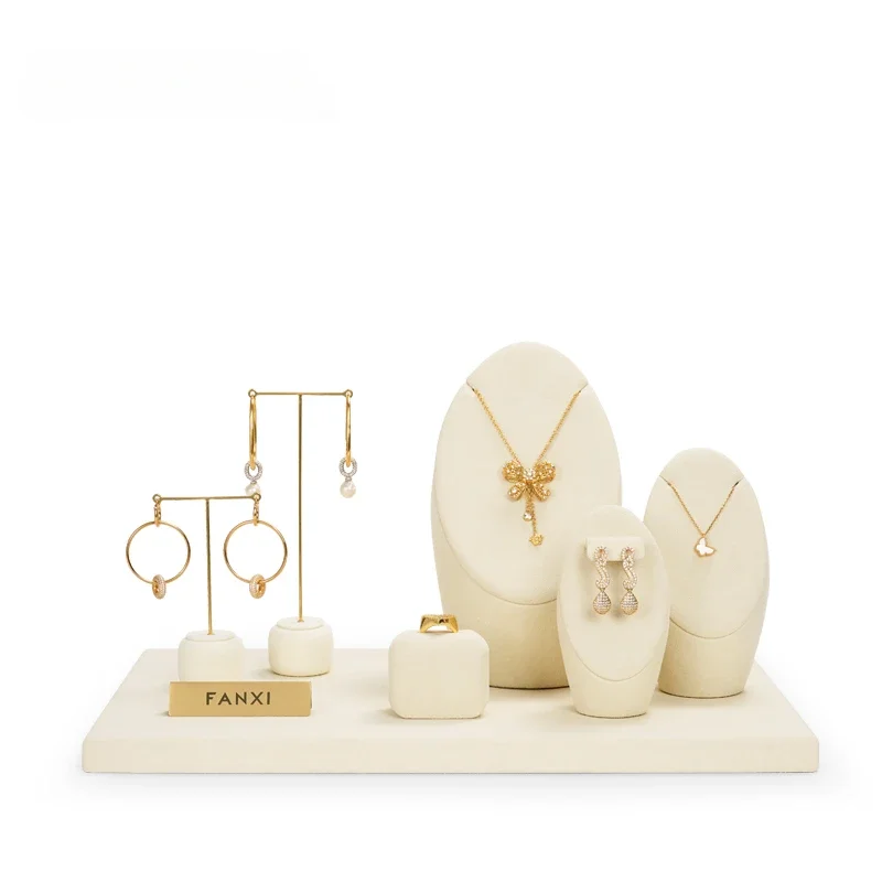 

Beige Microfiber Metal Original Jewelry Stand Necklace Earrings Jewelry Counter Display Combination Set