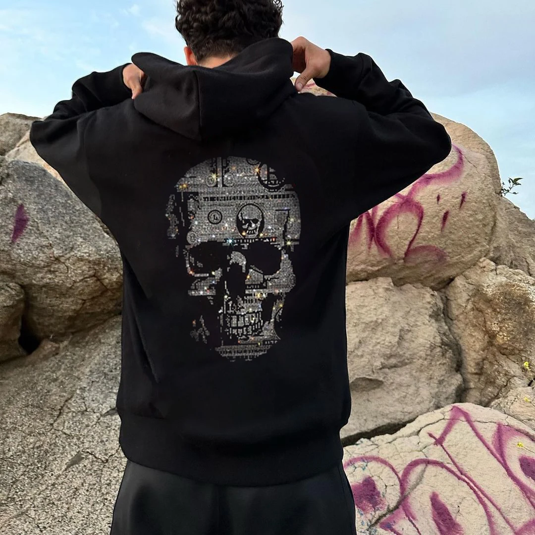 

New Personality Mens Loose Sweatshirt Hoodies Black Skull Rhinestone Hoody Male Casual Warm Campus Jacket Coats Women Pullover