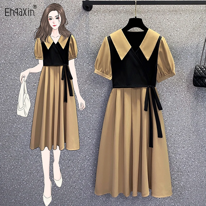 

EHQAXIN New Women's Dress Fashion 2023 Summer French Vintage Casual Short Sleeve Splice Lace-Up Shirt Dresses For Ladies L-5XL
