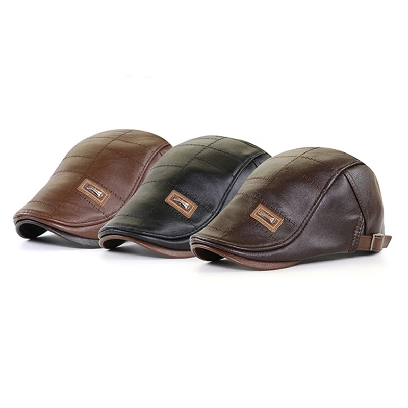 Autumn Winter Men Beret Hat Leather Flat Cap Male Adjustable Fashion Warm Leather Mens Retro Beret Caps beret hat,woolen beret
