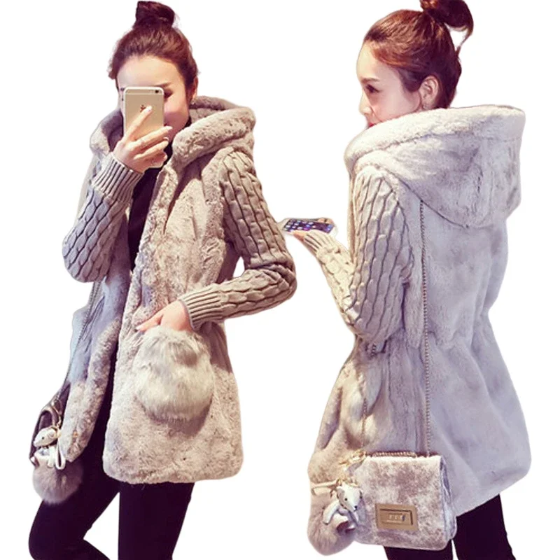 Spring Autumn Jacket Women Hooded Coat Furry Faux Fur Knit Sweater Coat Big Pocketswomen Coats And Jacket Plus Size Women Jacket short plus size windbreaker women s mid length tooling british style temperament was thin spring coat women jacket women coats