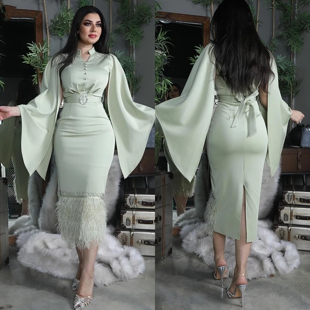 

Saudi ArabiaBall Dress Evening Satin Button Beading Sash Feather Prom A-line High Collar Bespoke Occasion Gown Midi Dresses