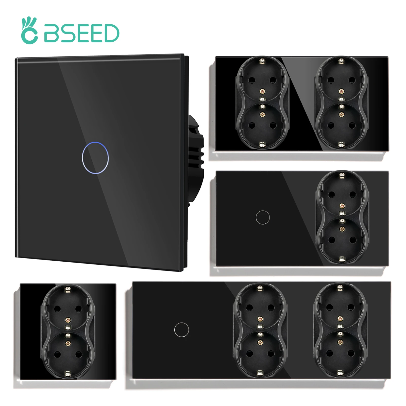 Bseed-glass Touch Wall Light Switches Padrão da ue 1way Gang 3gang 1way Tomadas Dual Plug Luz de Fundo Azul 10a Preto