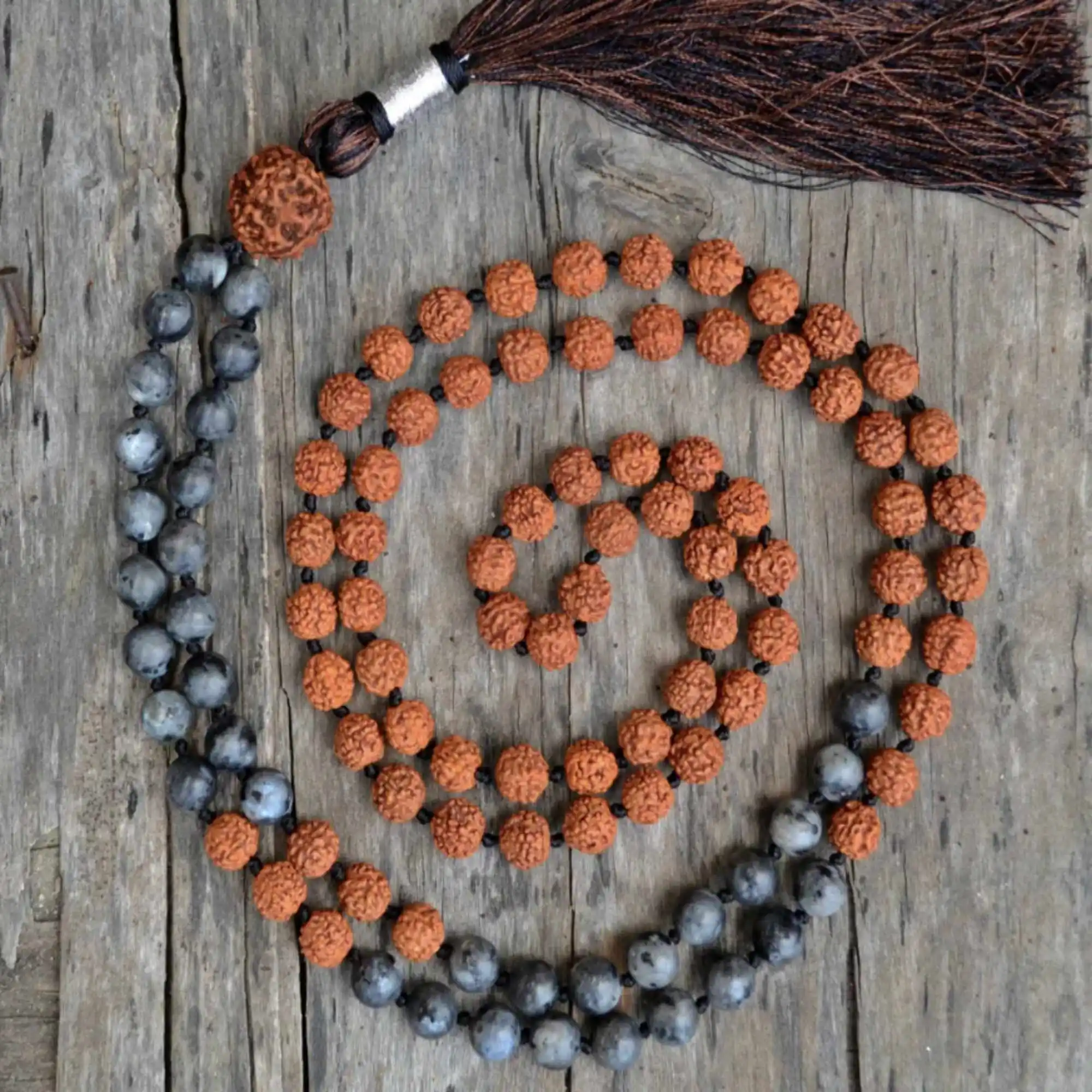 8mm Natural black Labradorite brown Sandalwood 108 knot necklace Relief Buddhist Gift Handmade Prayer Beaded Mental zazen