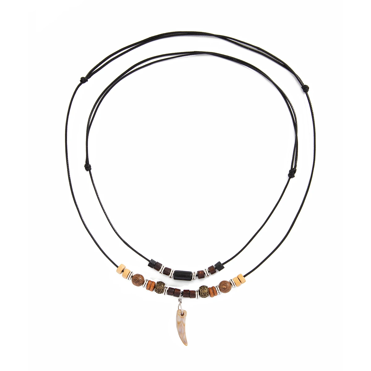 SHIXIN 2Pcs/Set Vintage Wolf Tooth Pendant Necklace for Men Simple Wood Beads Choker Adjustable Leather Rope Chain Neck Jewelry