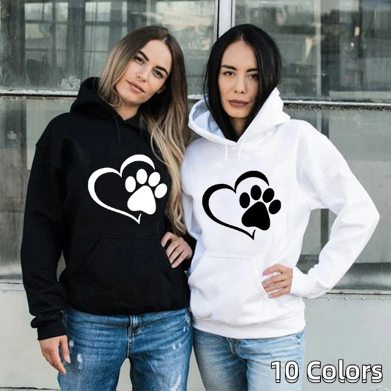 

New Cute Dog Paw and Heart Shape Print Hoodies Women Casual Long Sleeve Hoodies Autumn Winter Pullovers Plus Size