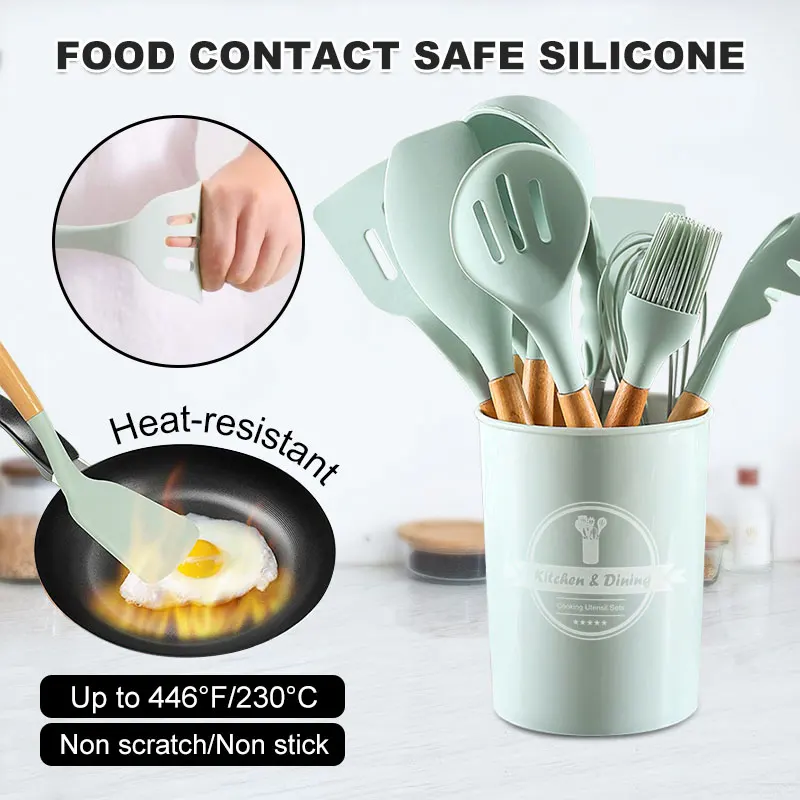 Silicone Kitchen Utensils Set Non-Stick Cookware Wooden Handle Spatula Egg Beaters Kitchenware Accessories
