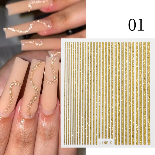 3D Lines Nail Stickers Holographic Silver Rose Gold Metal Stripe Letters Decals Curve Gel Nails Art Sliders Manicure Decor_voghion.com