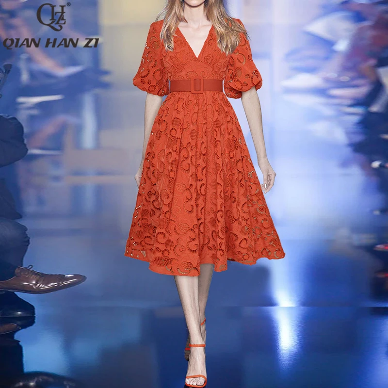 

Qian Han Zi Designer Fashion Summer V-Neck Lantern sleeve Dress for women vintage Slim embroidered hollow out red dress