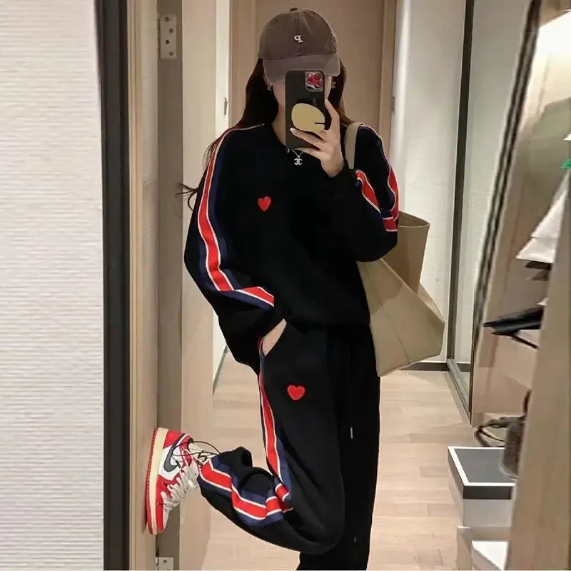 Women Golf Suit 2 Piece Sports Striped Pant Sets Spring Autumn Preppy Style Embroidered Love Loose Korean Fashion Golf Clothing