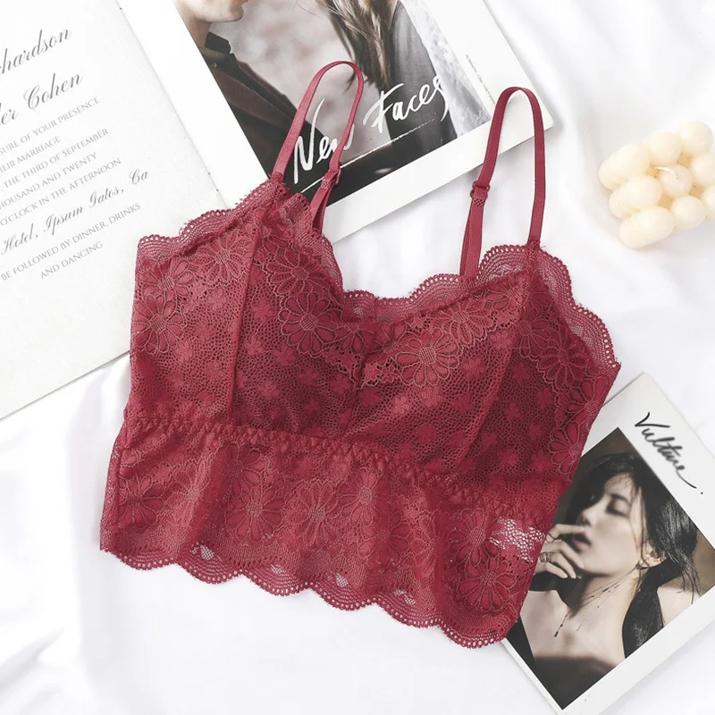 2021 Female Summer Crop Tank Top Women Fashion Deep V Lace Bras Embroidery Floral Tank Top Bra Wrapped Chest Camisole Padded Bra