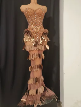 Sexy Sparkly Diamonds Leaf Strapless Mesh See Through Long Dress Birthday Evening Celebrate Party Nightclub Bar Show Stage Wear 1