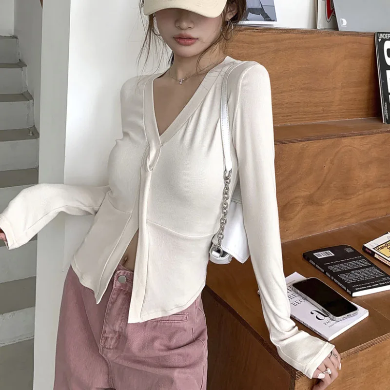 

Y2K Vintage Women T-shirts Sexy Deep V Neck Long Sleeve Crop Tops 2023 New High Street Casual Slim Women Clothes