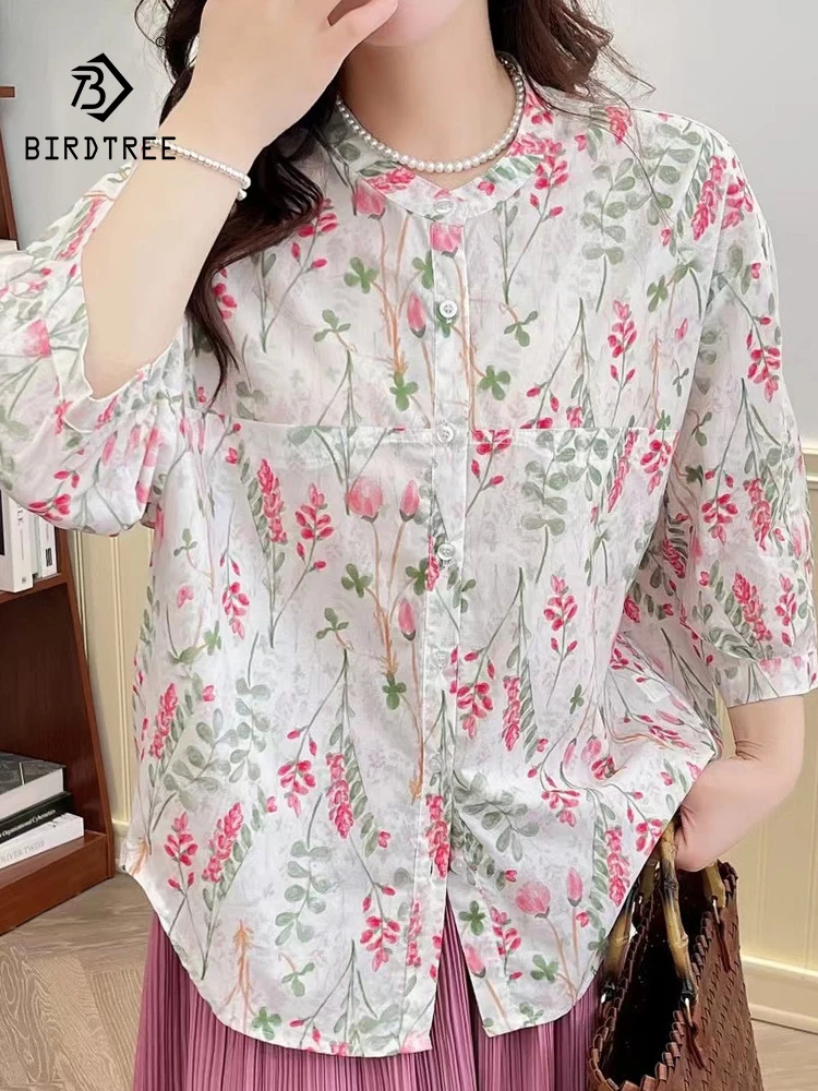 

Женская хлопковая рубашка с цветочным принтом, с воротником-стойкой и рукавом 3/4