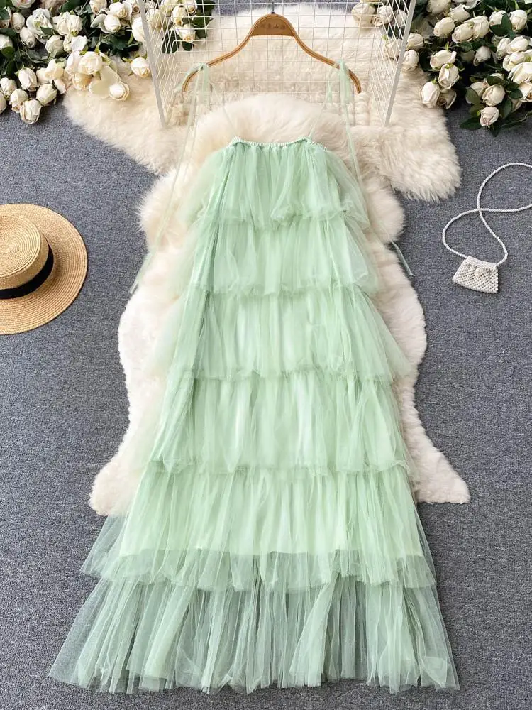 

ZCWXM Green Off Shoulder Dress Summer Women Sweet Gauze Cascading Ruffle Cake Dress Vestido Sexy Holiday Suspender Dress