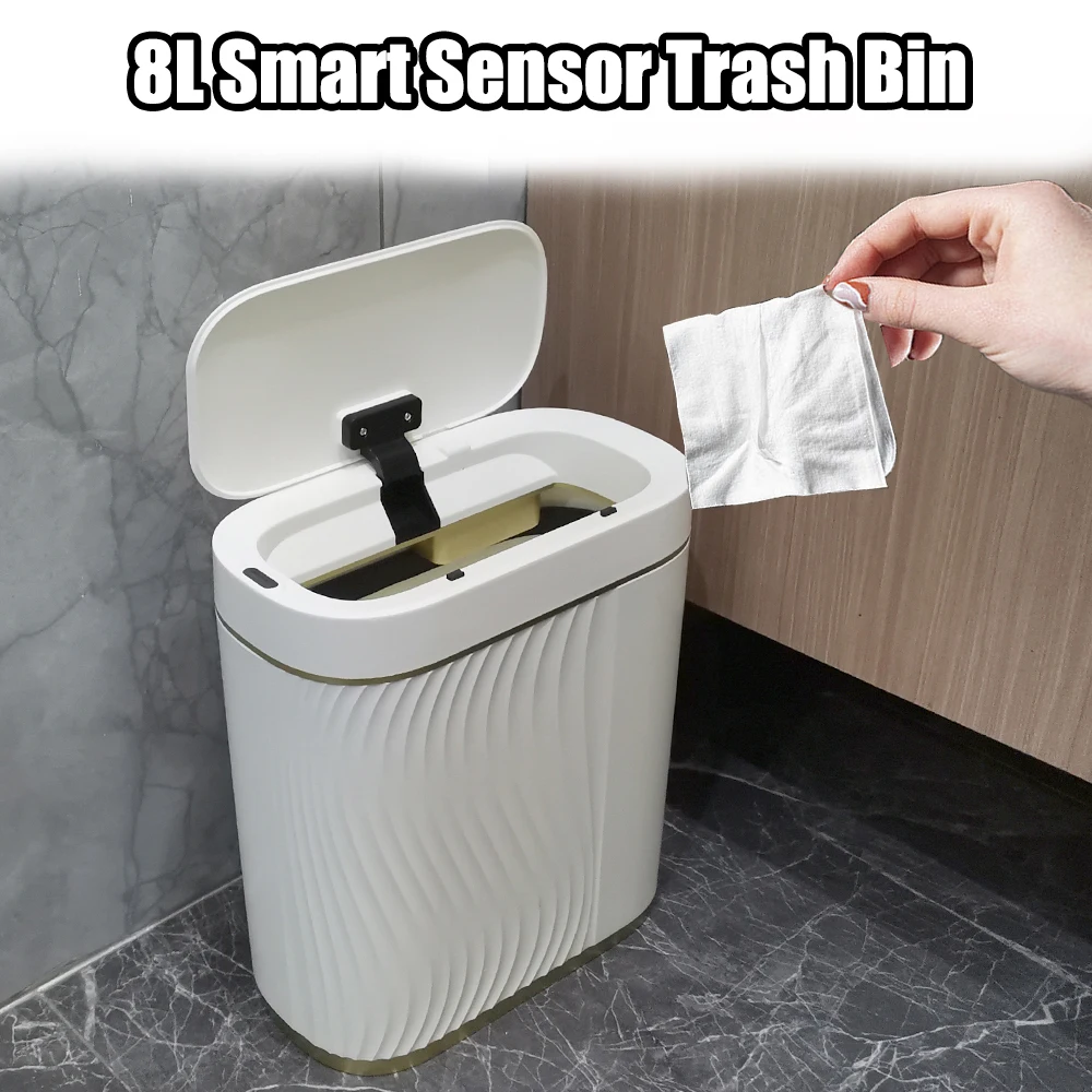 

Deodorizing Garbage Can 8L Waterproof Smart Sensor Trash Bin For Toilet Narrow Slit Automatic opening Lid Trash Can